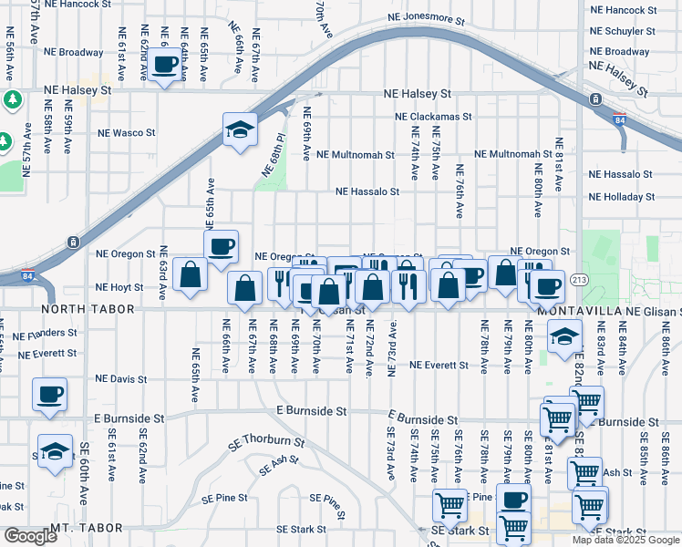 map of restaurants, bars, coffee shops, grocery stores, and more near 7052 Northeast Irving Street in Portland