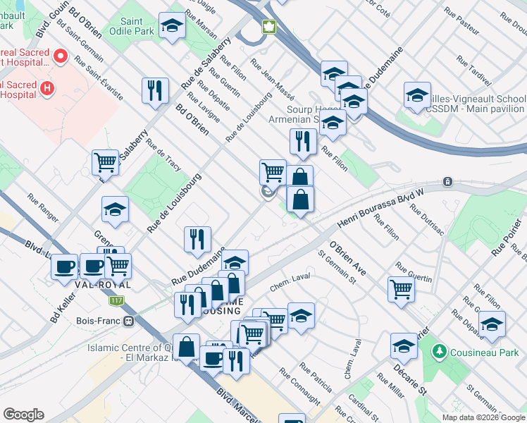 map of restaurants, bars, coffee shops, grocery stores, and more near 5100 Rue Dudemaine in Montréal