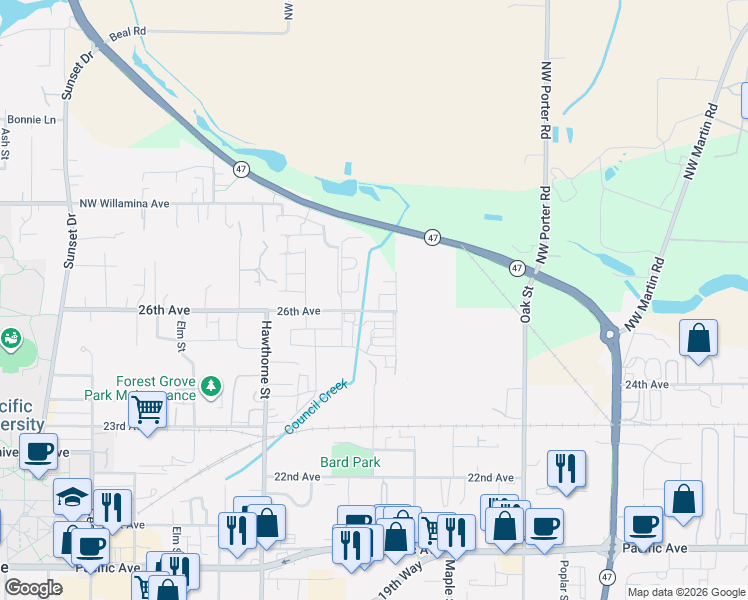 map of restaurants, bars, coffee shops, grocery stores, and more near 2608 Princeton Place in Forest Grove