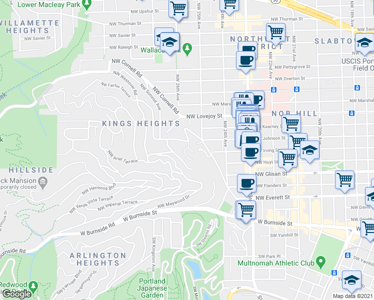 map of restaurants, bars, coffee shops, grocery stores, and more near 710 Northwest Westover Terrace in Portland