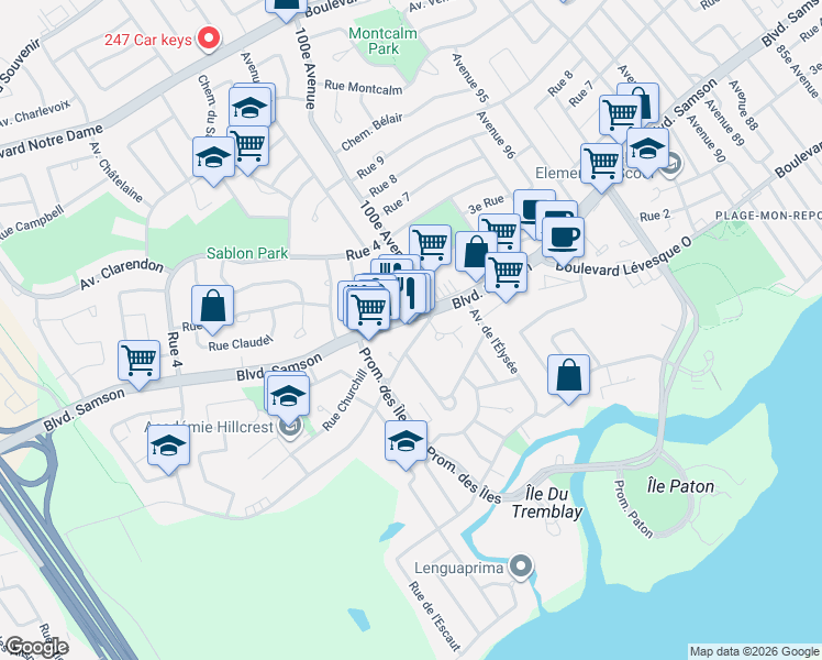 map of restaurants, bars, coffee shops, grocery stores, and more near 4732 Boulevard Samson in Laval