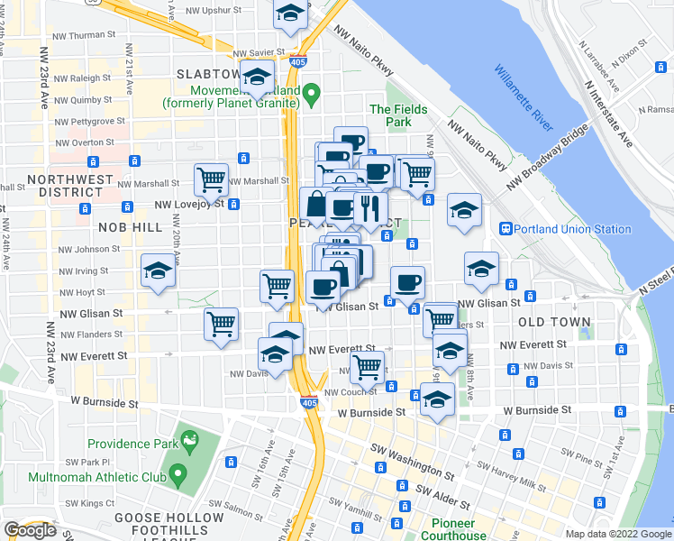 map of restaurants, bars, coffee shops, grocery stores, and more near 1314 Northwest Irving Street in Portland
