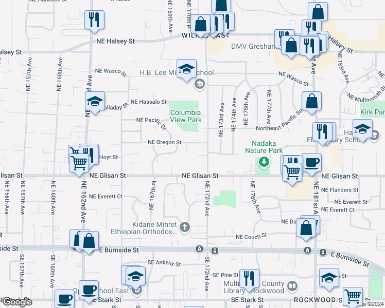 map of restaurants, bars, coffee shops, grocery stores, and more near 17104 Northeast Oregon Street in Portland