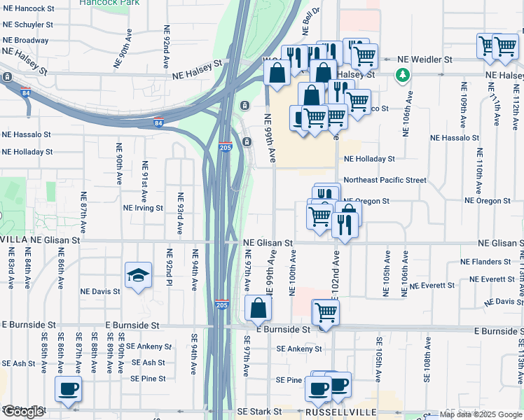 map of restaurants, bars, coffee shops, grocery stores, and more near 737 Northeast 99th Avenue in Portland