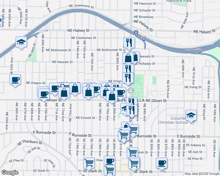 map of restaurants, bars, coffee shops, grocery stores, and more near 709 Northeast 80th Avenue in Portland