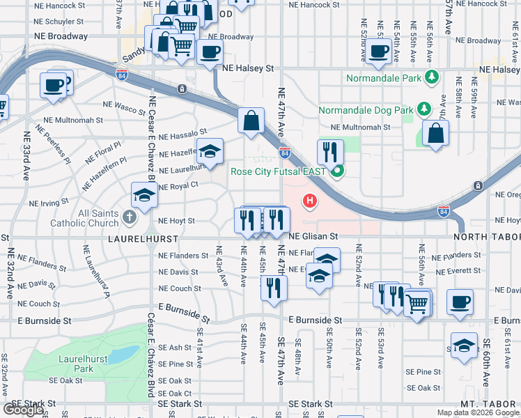 map of restaurants, bars, coffee shops, grocery stores, and more near 4507 Northeast Irving Street in Portland