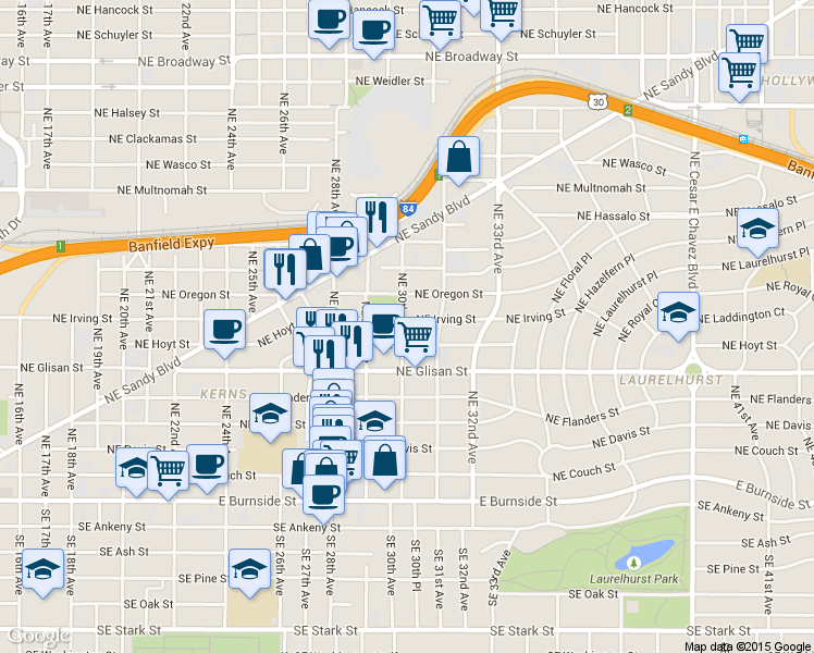 map of restaurants, bars, coffee shops, grocery stores, and more near 3015 Northeast Irving Street in Portland
