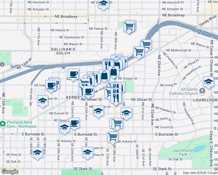 map of restaurants, bars, coffee shops, grocery stores, and more near 711 Northeast Randall Avenue in Portland
