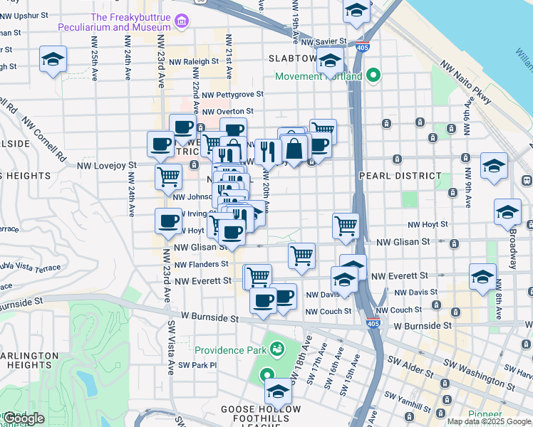 map of restaurants, bars, coffee shops, grocery stores, and more near 709 Northwest 20th Avenue in Portland