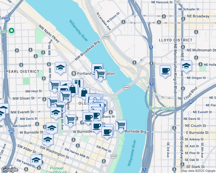 map of restaurants, bars, coffee shops, grocery stores, and more near 620 Northwest Naito Parkway in Portland