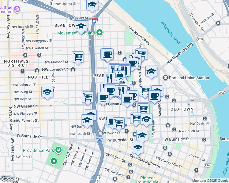 map of restaurants, bars, coffee shops, grocery stores, and more near 730 Northwest 12th Avenue in Portland