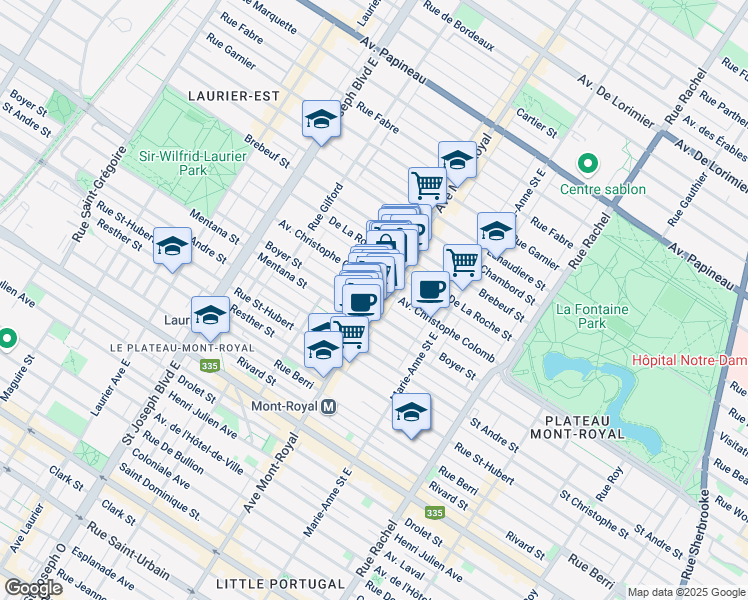 map of restaurants, bars, coffee shops, grocery stores, and more near 1021 Avenue du Mont-Royal Est in Montréal