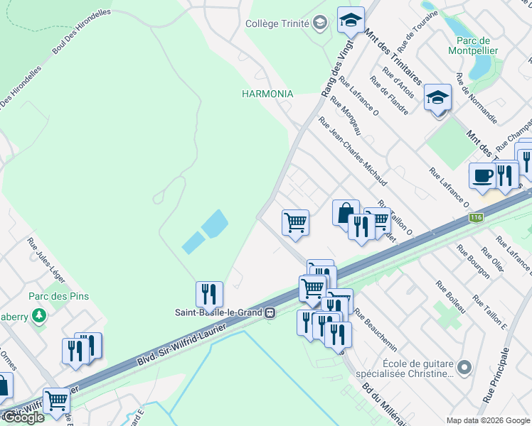 map of restaurants, bars, coffee shops, grocery stores, and more near 288 Rang des Vingt in Saint-Basile-le-Grand