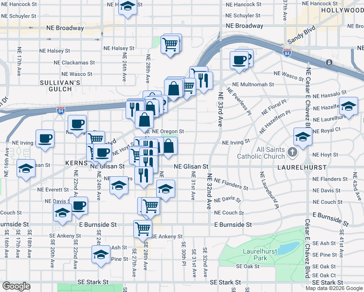 map of restaurants, bars, coffee shops, grocery stores, and more near 3016 Northeast Irving Street in Portland