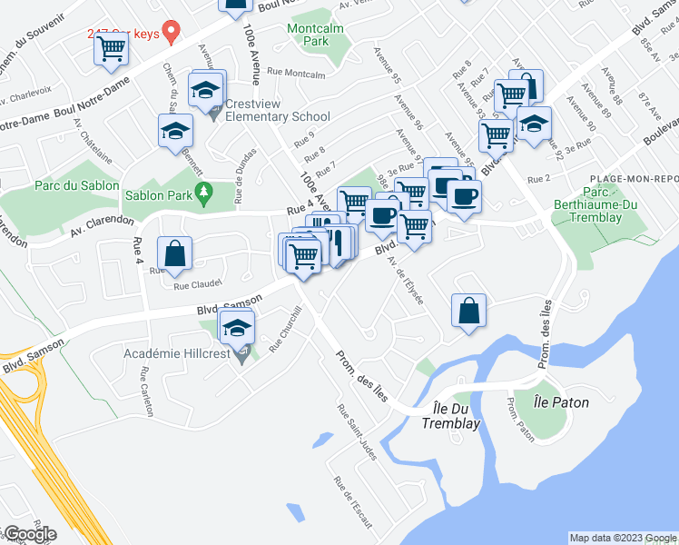 map of restaurants, bars, coffee shops, grocery stores, and more near 4732 Boulevard Samson in Laval