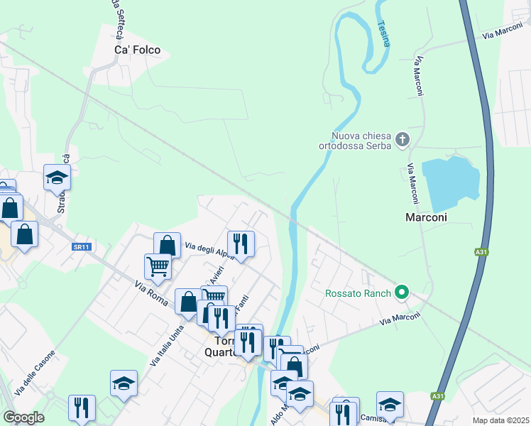 map of restaurants, bars, coffee shops, grocery stores, and more near 56 Via del Commercio in Torri di Quartesolo