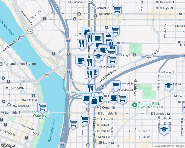 map of restaurants, bars, coffee shops, grocery stores, and more near 631 Northeast Grand Avenue in Portland