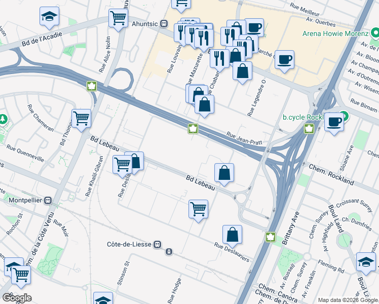 map of restaurants, bars, coffee shops, grocery stores, and more near 407 Boulevard Lebeau in Montréal