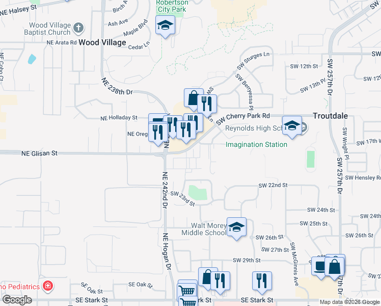 map of restaurants, bars, coffee shops, grocery stores, and more near 2530 Southwest Cherry Park Road in Troutdale
