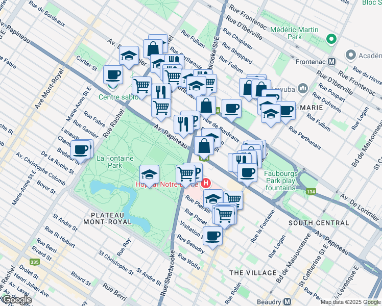 map of restaurants, bars, coffee shops, grocery stores, and more near 1690 Sherbrooke Street East in Montreal