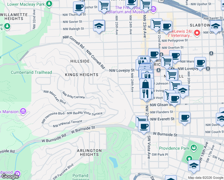 map of restaurants, bars, coffee shops, grocery stores, and more near 722 Northwest Westover Circle in Portland