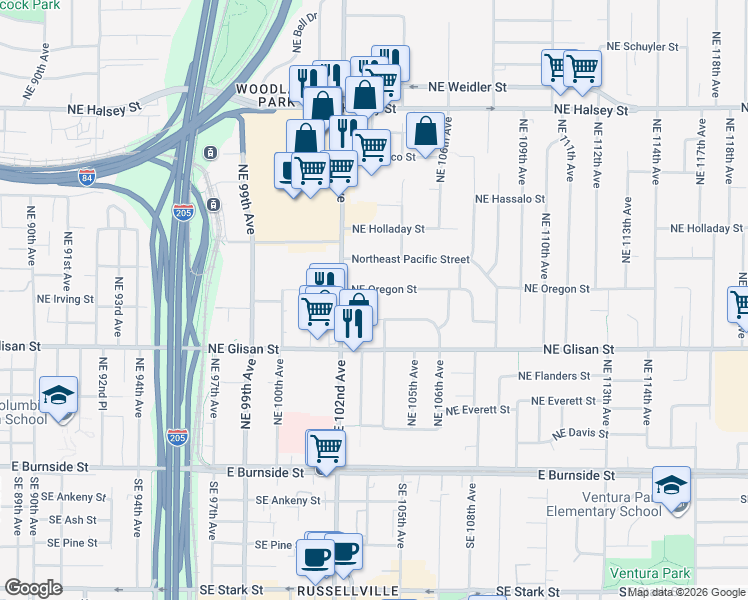 map of restaurants, bars, coffee shops, grocery stores, and more near 10332 Northeast Oregon Street in Portland