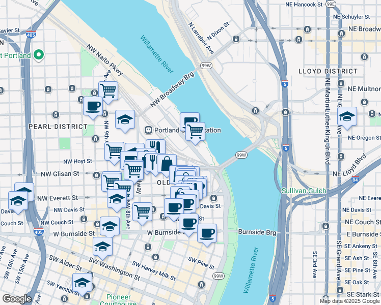 map of restaurants, bars, coffee shops, grocery stores, and more near 615 Northwest Naito Parkway in Portland