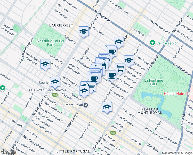 map of restaurants, bars, coffee shops, grocery stores, and more near 1021 Avenue du Mont-Royal Est in Montréal