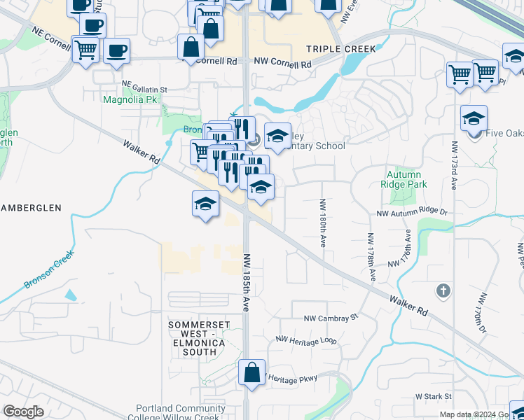 map of restaurants, bars, coffee shops, grocery stores, and more near 18425 Northwest Walker Road in Beaverton
