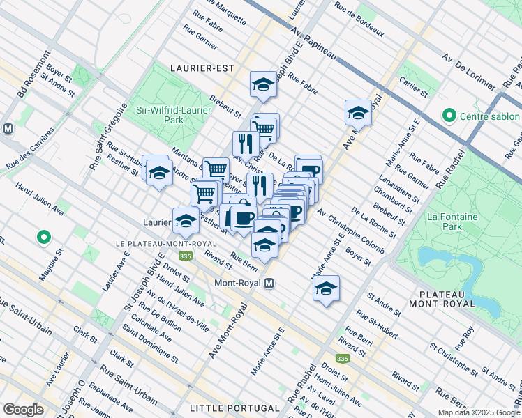 map of restaurants, bars, coffee shops, grocery stores, and more near 4650 Rue de Mentana in Montreal