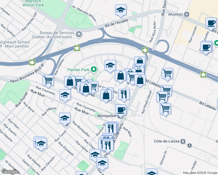 map of restaurants, bars, coffee shops, grocery stores, and more near 1237 Rue Quenneville in Montréal