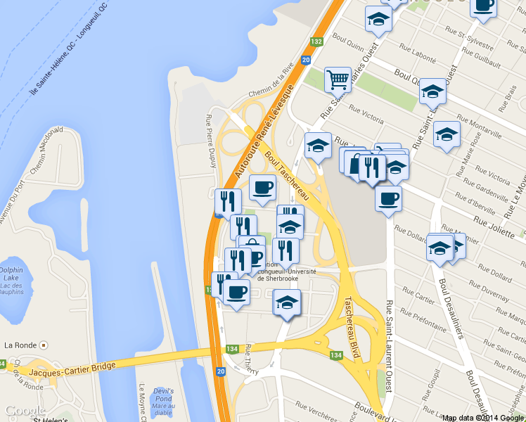 map of restaurants, bars, coffee shops, grocery stores, and more near 110 A Rue de la Barre in Longueuil