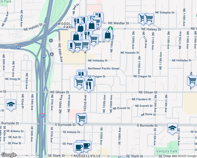 map of restaurants, bars, coffee shops, grocery stores, and more near 10410 Northeast Oregon Street in Portland