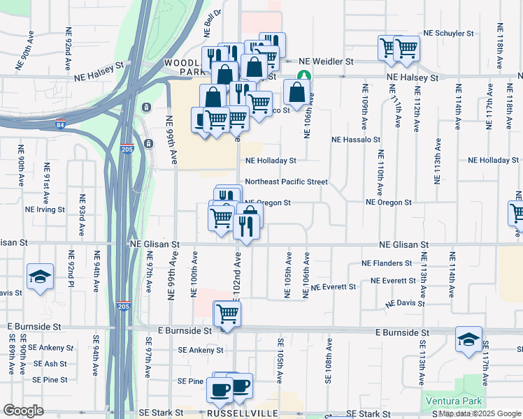map of restaurants, bars, coffee shops, grocery stores, and more near 10410 Northeast Oregon Street in Portland