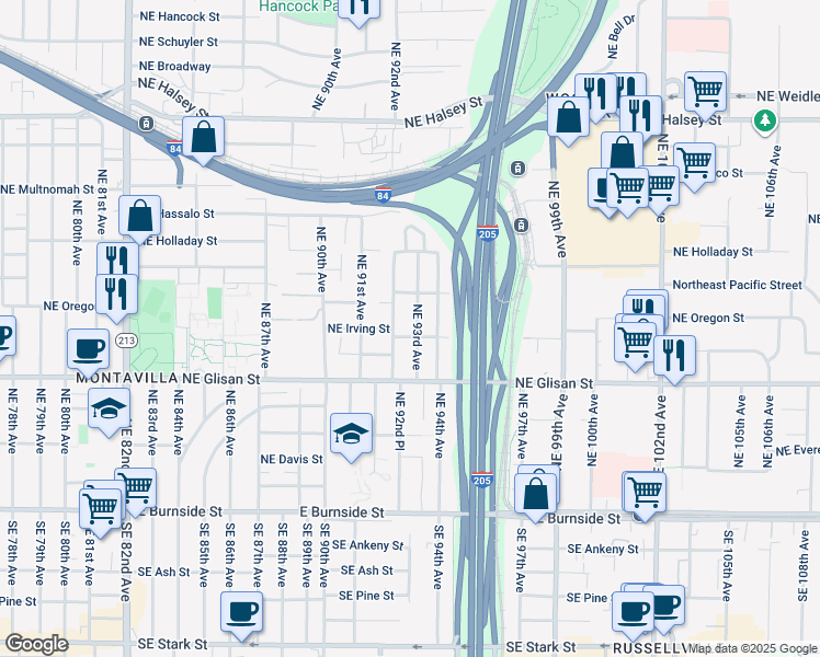 map of restaurants, bars, coffee shops, grocery stores, and more near 729 Northeast 93rd Avenue in Portland