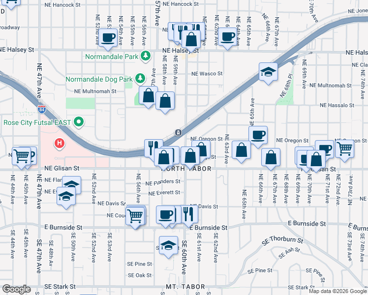map of restaurants, bars, coffee shops, grocery stores, and more near 5800 Northeast Center Commons Way in Portland
