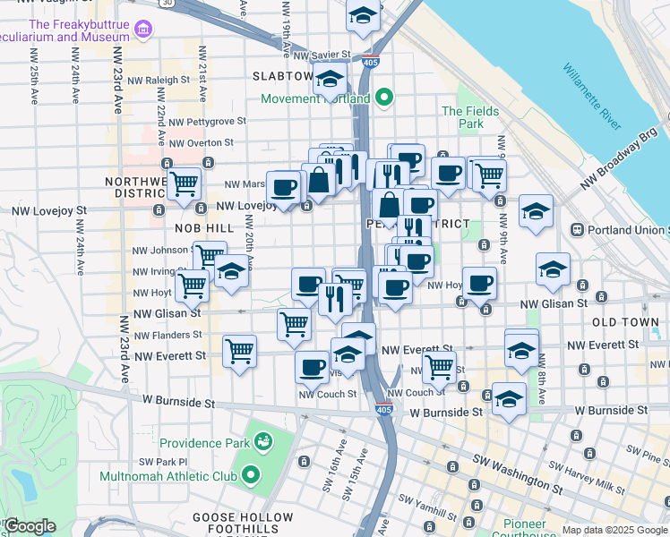 map of restaurants, bars, coffee shops, grocery stores, and more near in Portland