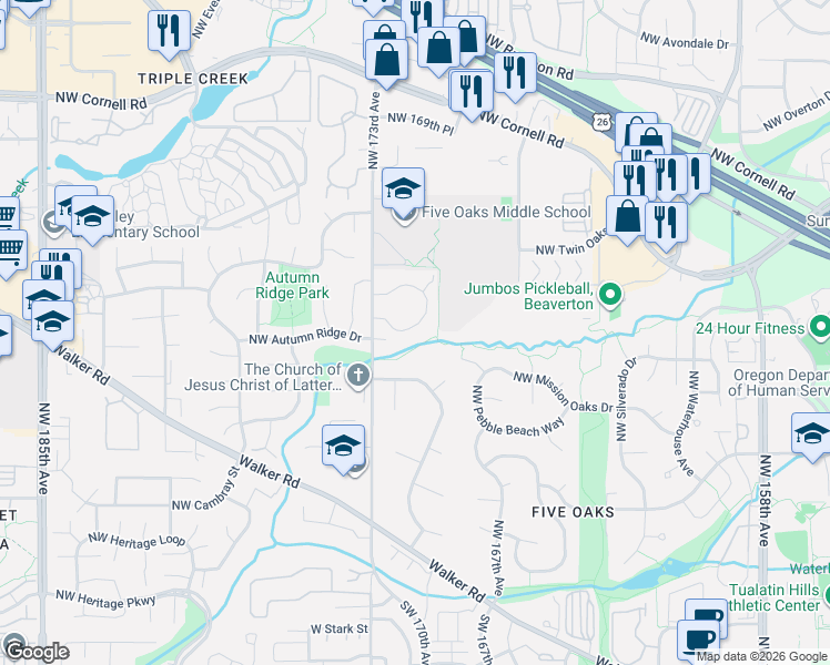 map of restaurants, bars, coffee shops, grocery stores, and more near 1180 Northwest Weybridge Way in Beaverton