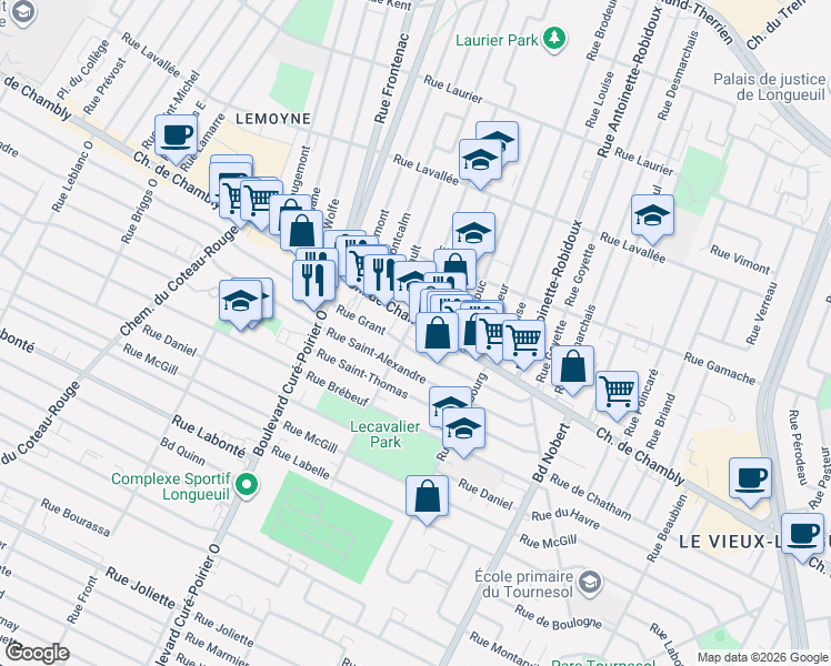 map of restaurants, bars, coffee shops, grocery stores, and more near 2066 Chemin de Chambly in Longueuil