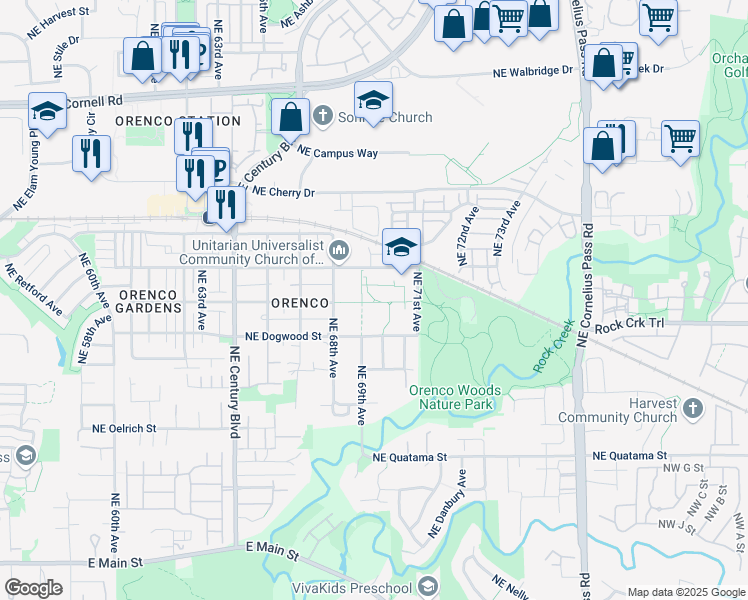 map of restaurants, bars, coffee shops, grocery stores, and more near 22550 Northwest Birch Street in Hillsboro