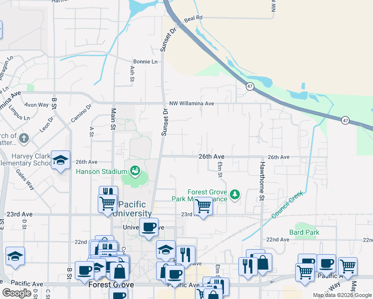 map of restaurants, bars, coffee shops, grocery stores, and more near 2555 Bourbon Street in Forest Grove