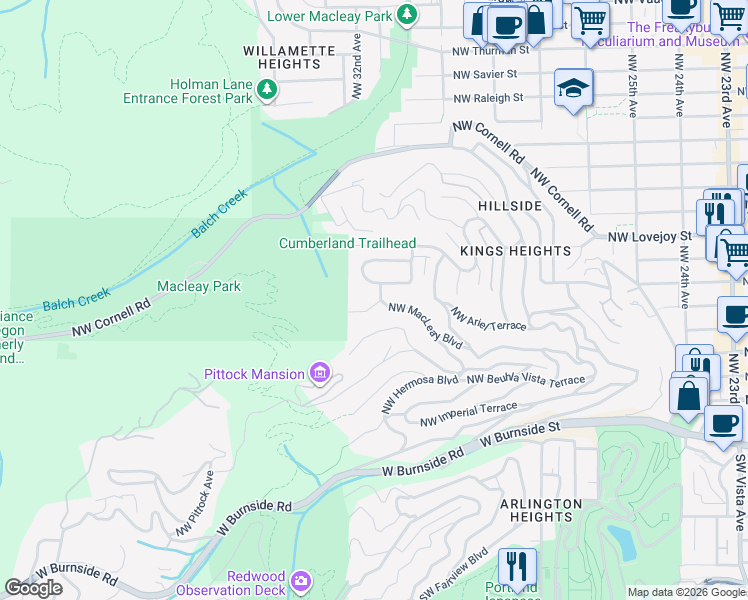 map of restaurants, bars, coffee shops, grocery stores, and more near 701 Northwest Warrenton Terrace in Portland