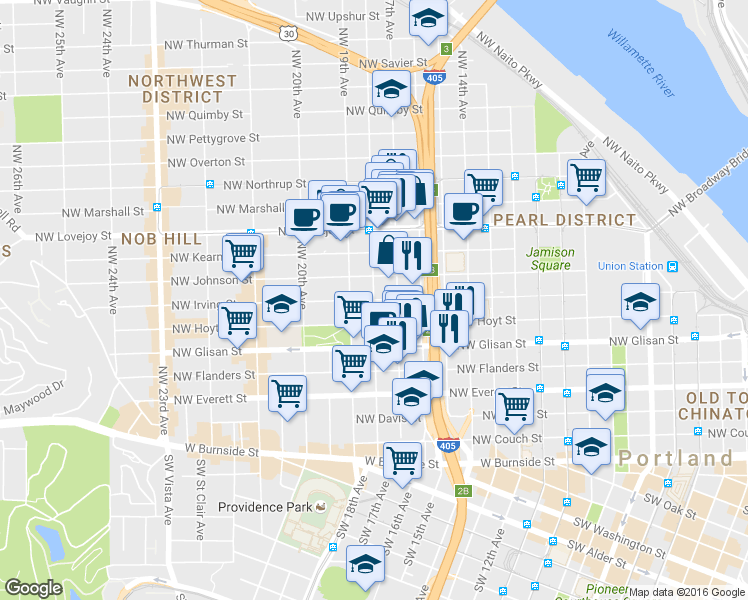 map of restaurants, bars, coffee shops, grocery stores, and more near NW Irving St & NW 18th Ave in Portland