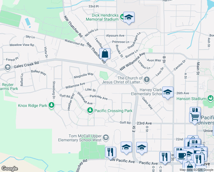 map of restaurants, bars, coffee shops, grocery stores, and more near 2635 Larkins Lane in Forest Grove