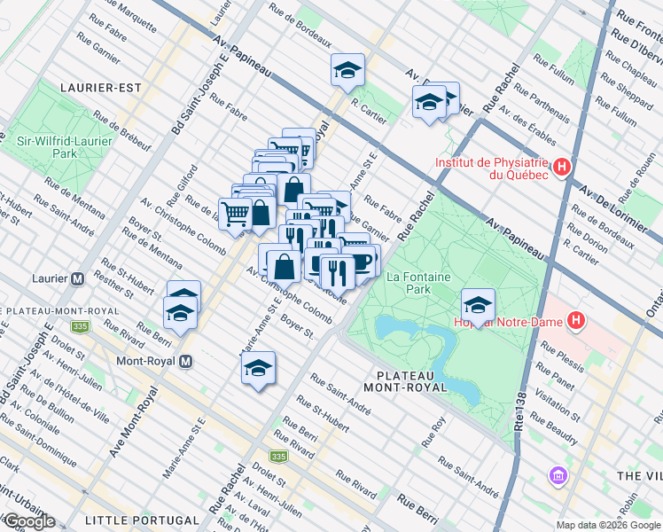 map of restaurants, bars, coffee shops, grocery stores, and more near 4283 Brebeuf Street in Montreal