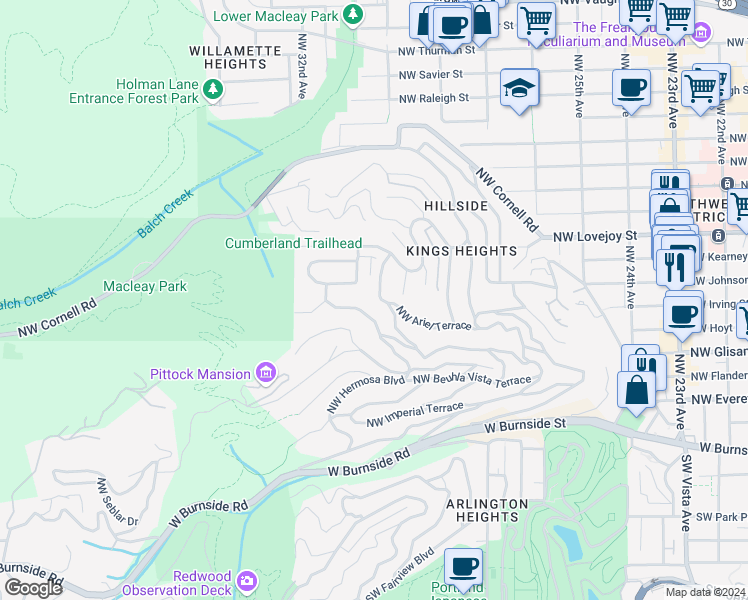 map of restaurants, bars, coffee shops, grocery stores, and more near 2850 Northwest Ariel Terrace in Portland