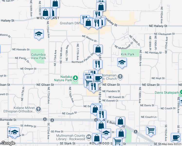 map of restaurants, bars, coffee shops, grocery stores, and more near 17954 Northeast Oregon Street in Portland