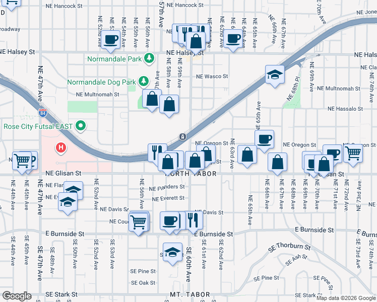 map of restaurants, bars, coffee shops, grocery stores, and more near 5800 Northeast Center Commons Way in Portland