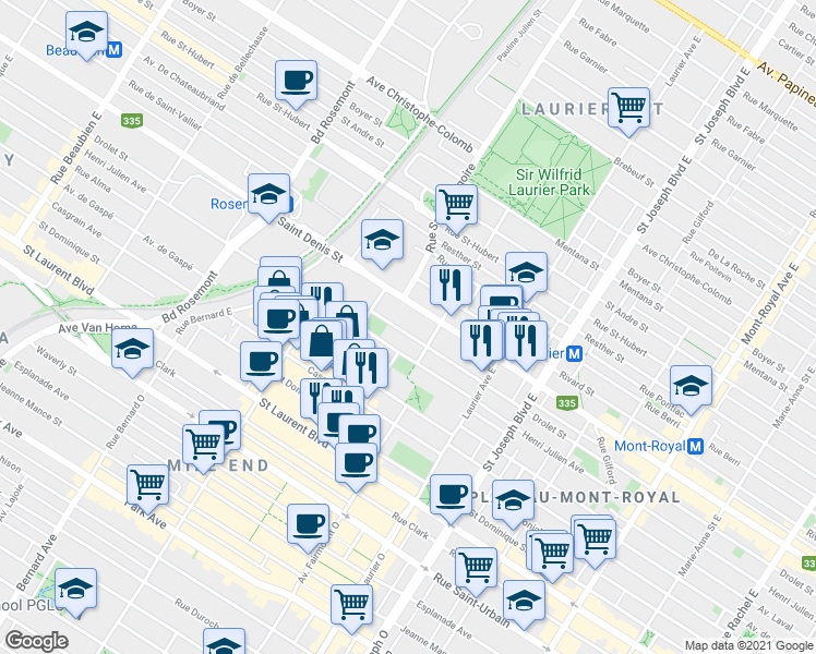 map of restaurants, bars, coffee shops, grocery stores, and more near 5335 Rue Drolet in Montréal