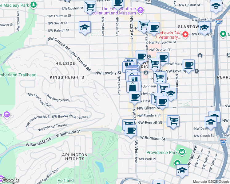 map of restaurants, bars, coffee shops, grocery stores, and more near 2431 Northwest Irving Street in Portland
